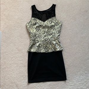 Black and Gold Rose Patterned Peplum Midi Dress